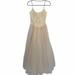 VTG Yellow Tulle Maxi Dress Formal 3/4 XS Floral Prom Romantic Princesscore 90s